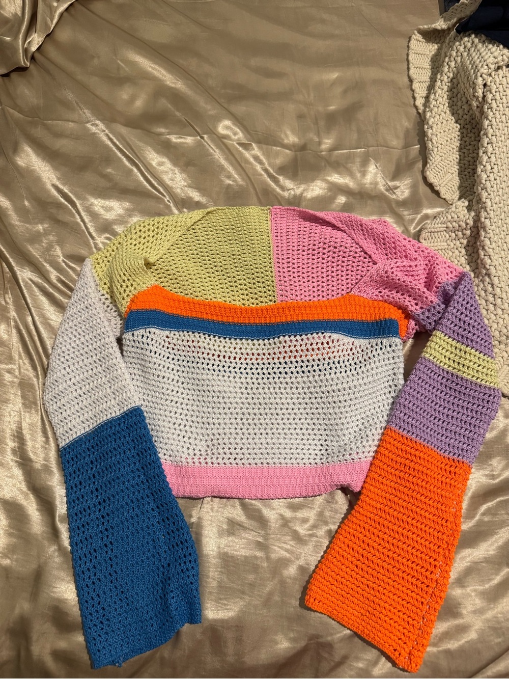 Colorblock Crochet Knit Pullover - Bright Multi